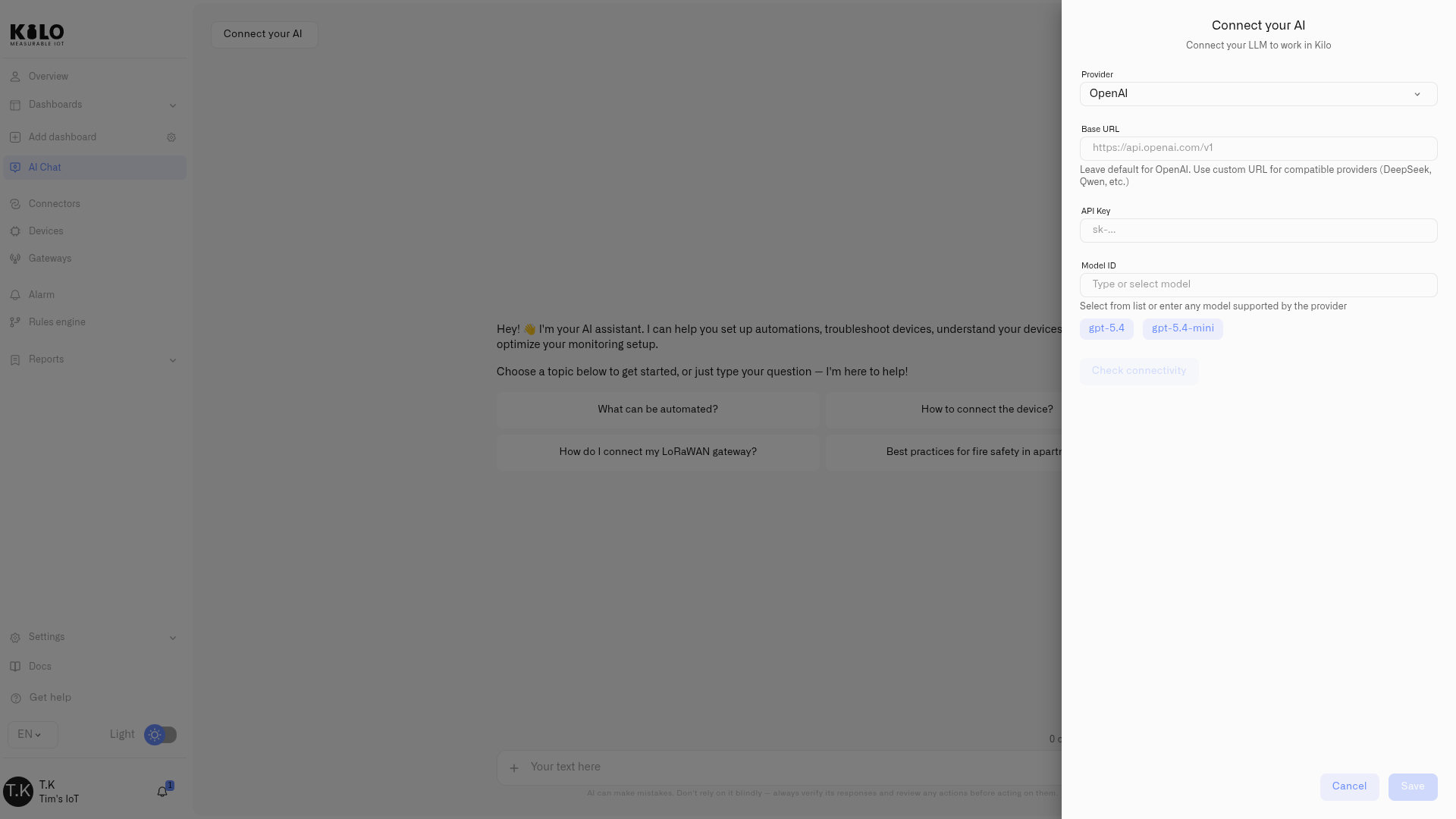 The Connect your AI panel — provider, base URL, API key, and model ID