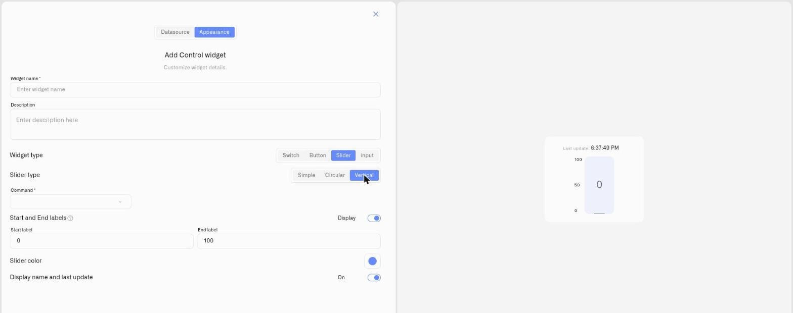 Control widget Vertical slider — an upright track setting a value across a range