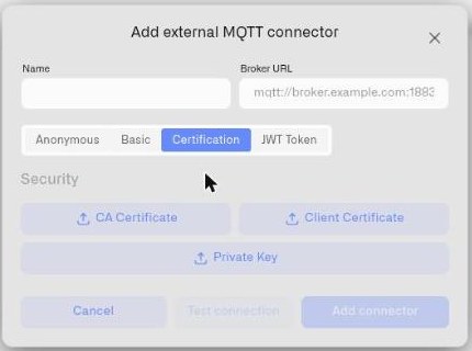The Add external MQTT connector dialog on the Certification tab, with upload buttons for the CA certificate, client certificate and private key