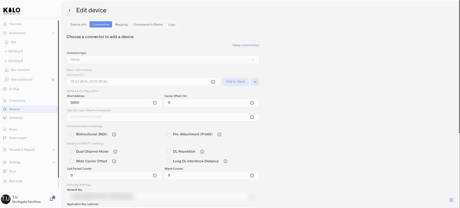 The MIOTY device form, showing the End Point EUI, short address and network key that the assistant now collects and enters for you