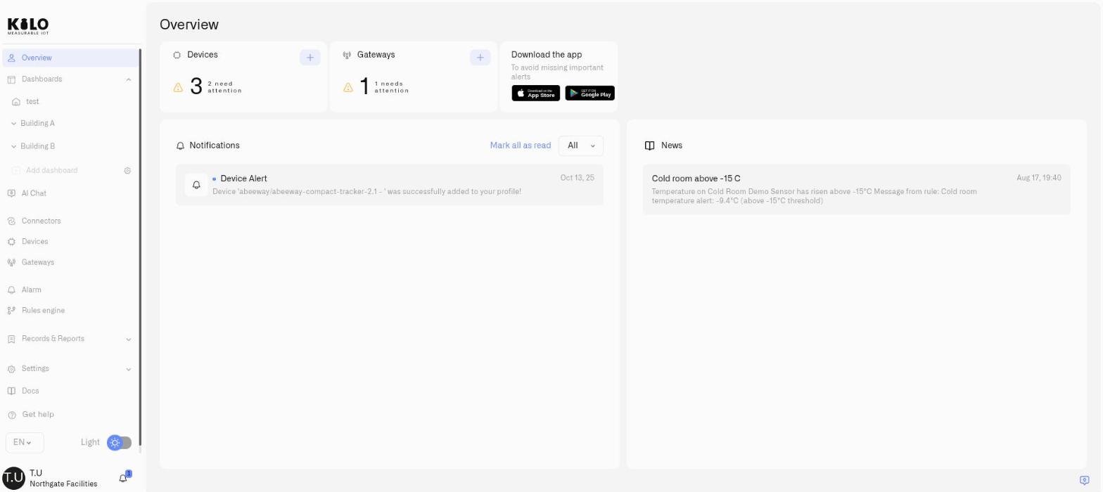 The Kilo IoT Server sidebar with the Settings section beneath Records & Reports