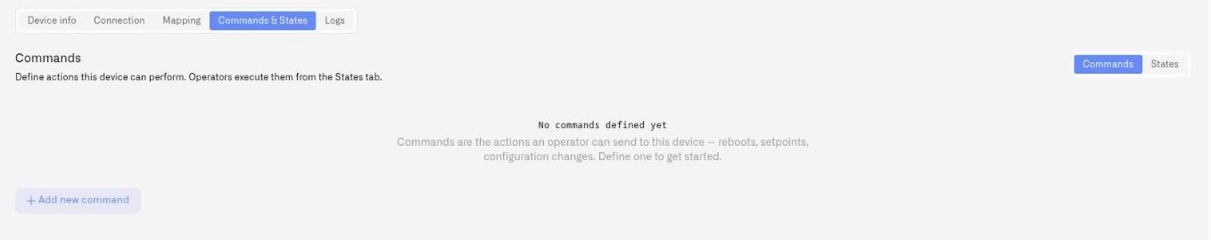 The Commands sub-tab of a device with no commands defined yet and the Add new command button