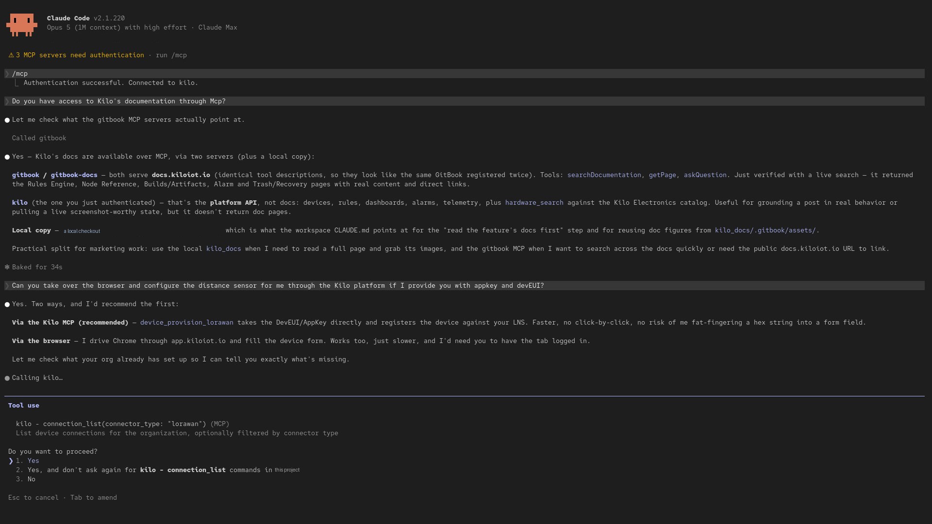 A Claude session connected to Kilo, calling a tool and asking permission before continuing