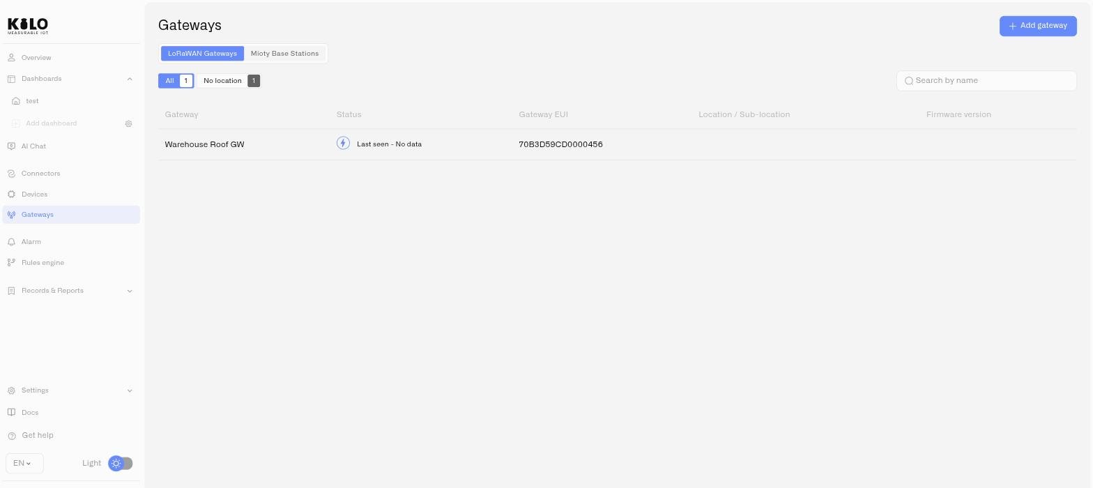 The LoRaWAN Gateways list showing a registered gateway with its status, EUI and firmware version