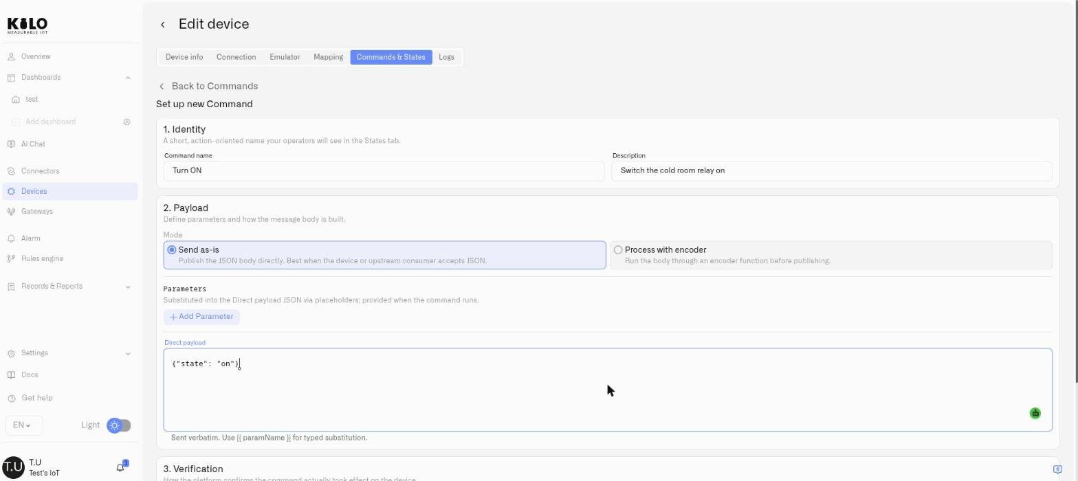 The command editor showing the Identity, Routing, and Payload sections