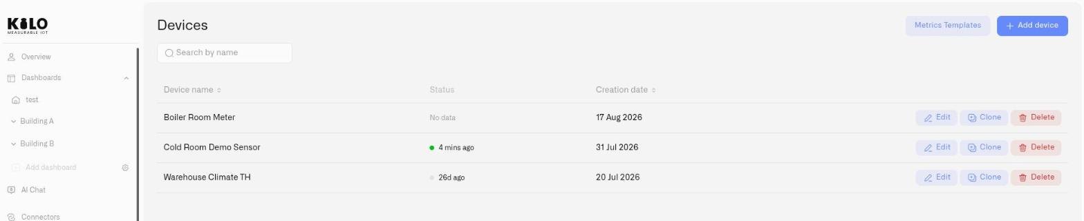 Screenshot of the Devices screen in the Kilo IoT platform