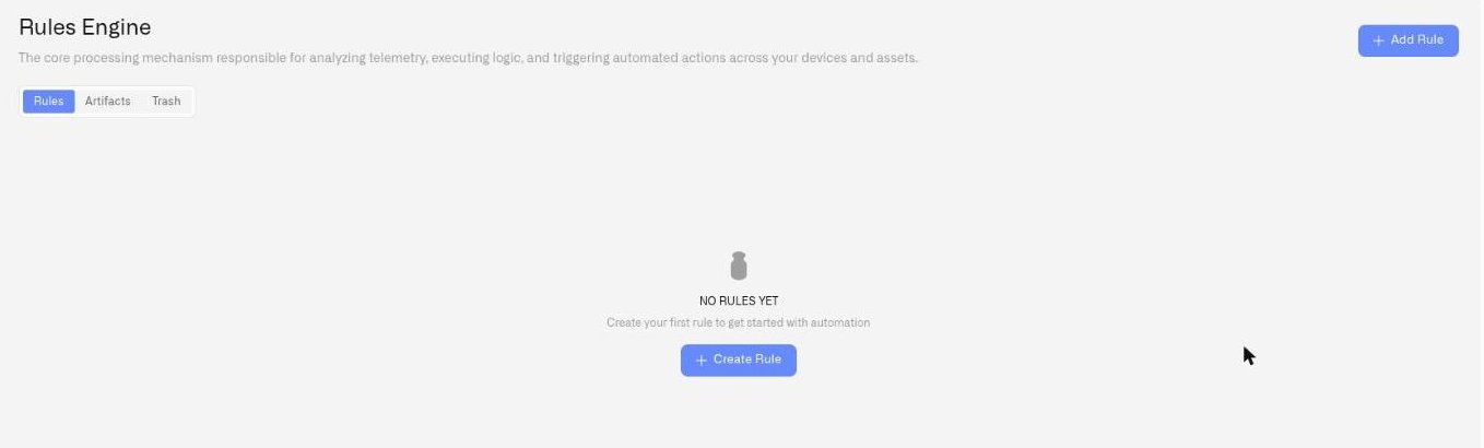 The Rules tab with no rules yet, showing the Create Rule button